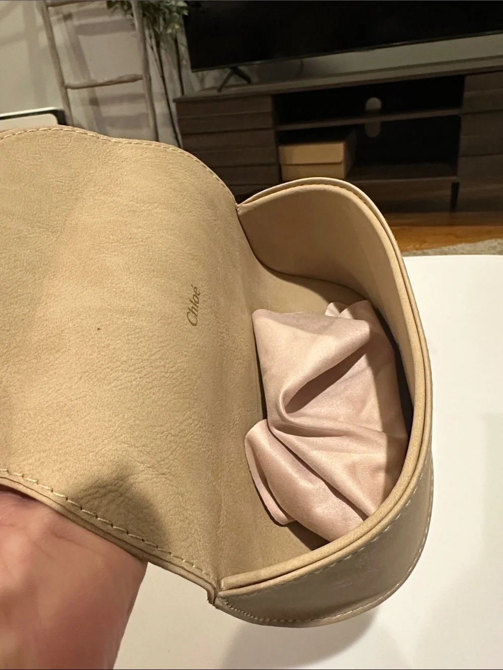 Chloe Beige Clutch Sunglasses Case with Gold Plaque